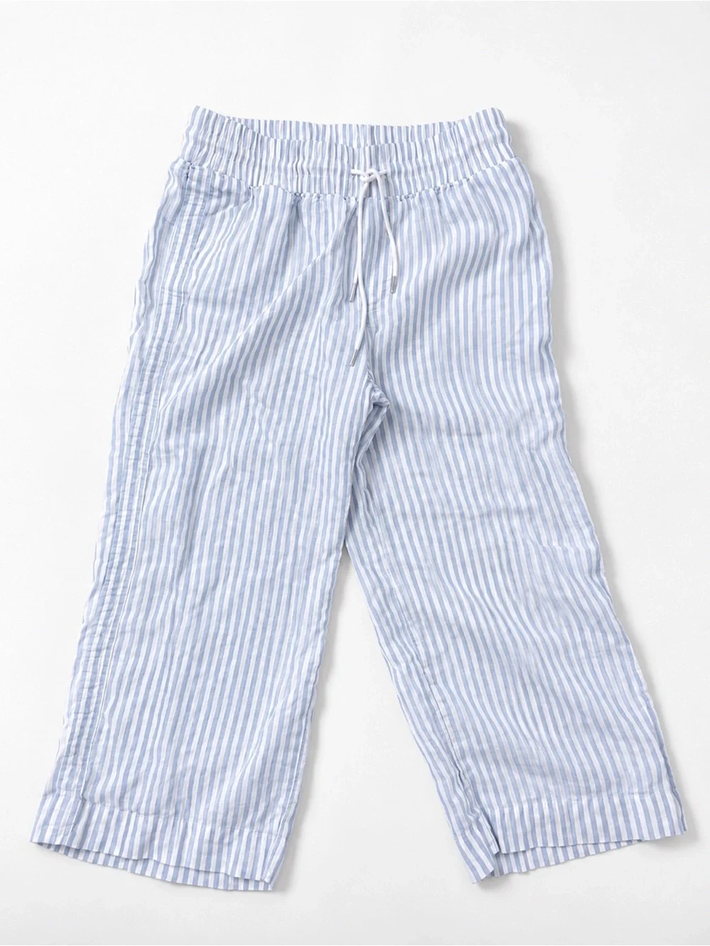 Quince Light Blue & White Striped Cropped Wide-Leg Linen Blend Pants